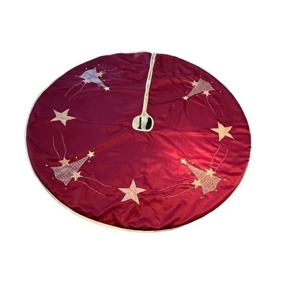 Large Dark Red Tree Skirt with Gold Appliqués Trees and Stars. 46 inch